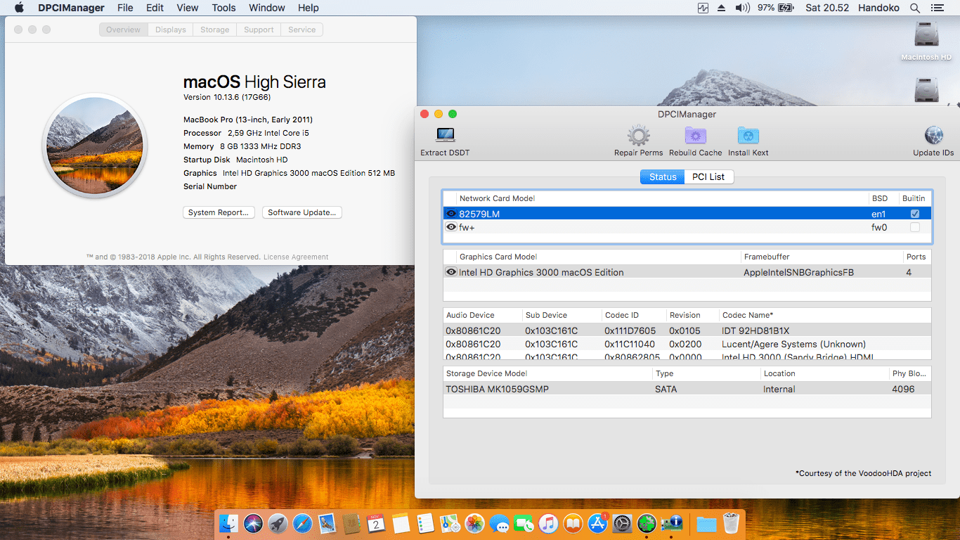 Success Hackintosh macOS High Sierra 10.13.6 Build 17G66 at HP EliteBook 8460P